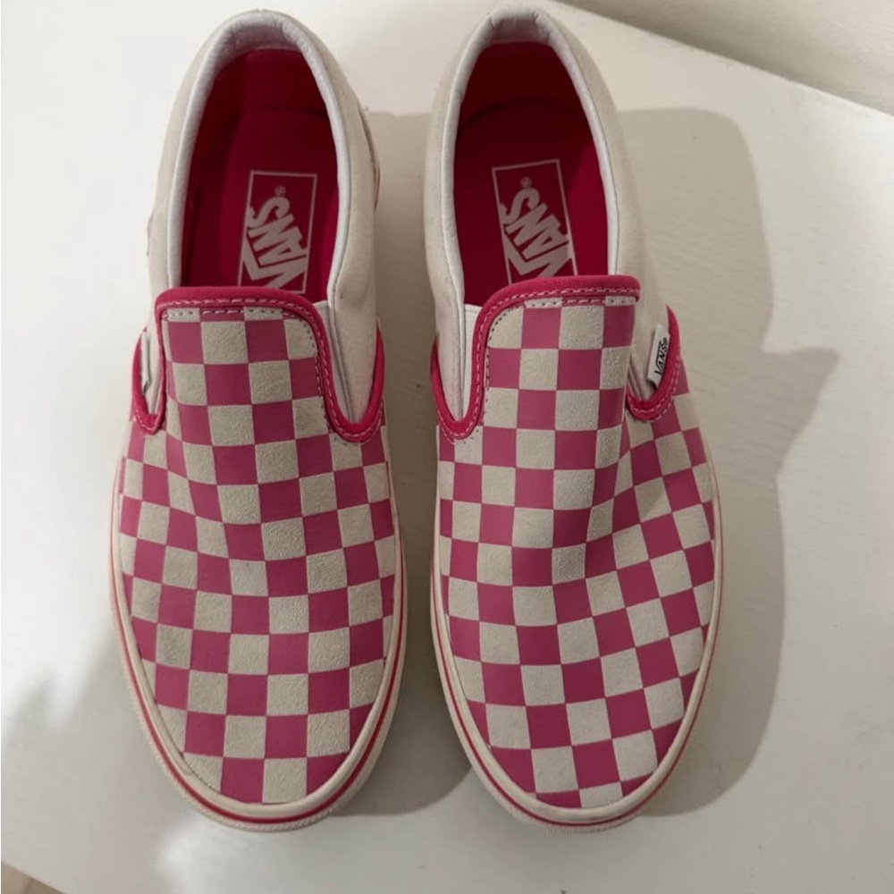 Vans Kids Pink and Cream Checkered Slip-On Sneakers
